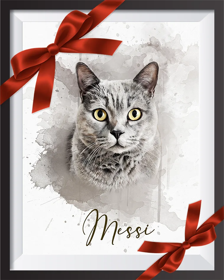 Messi, a gray cat with yellow eyes, is illustrated as a watercolor painting in a black wooden frame. In the corners are red ribbons with bows.