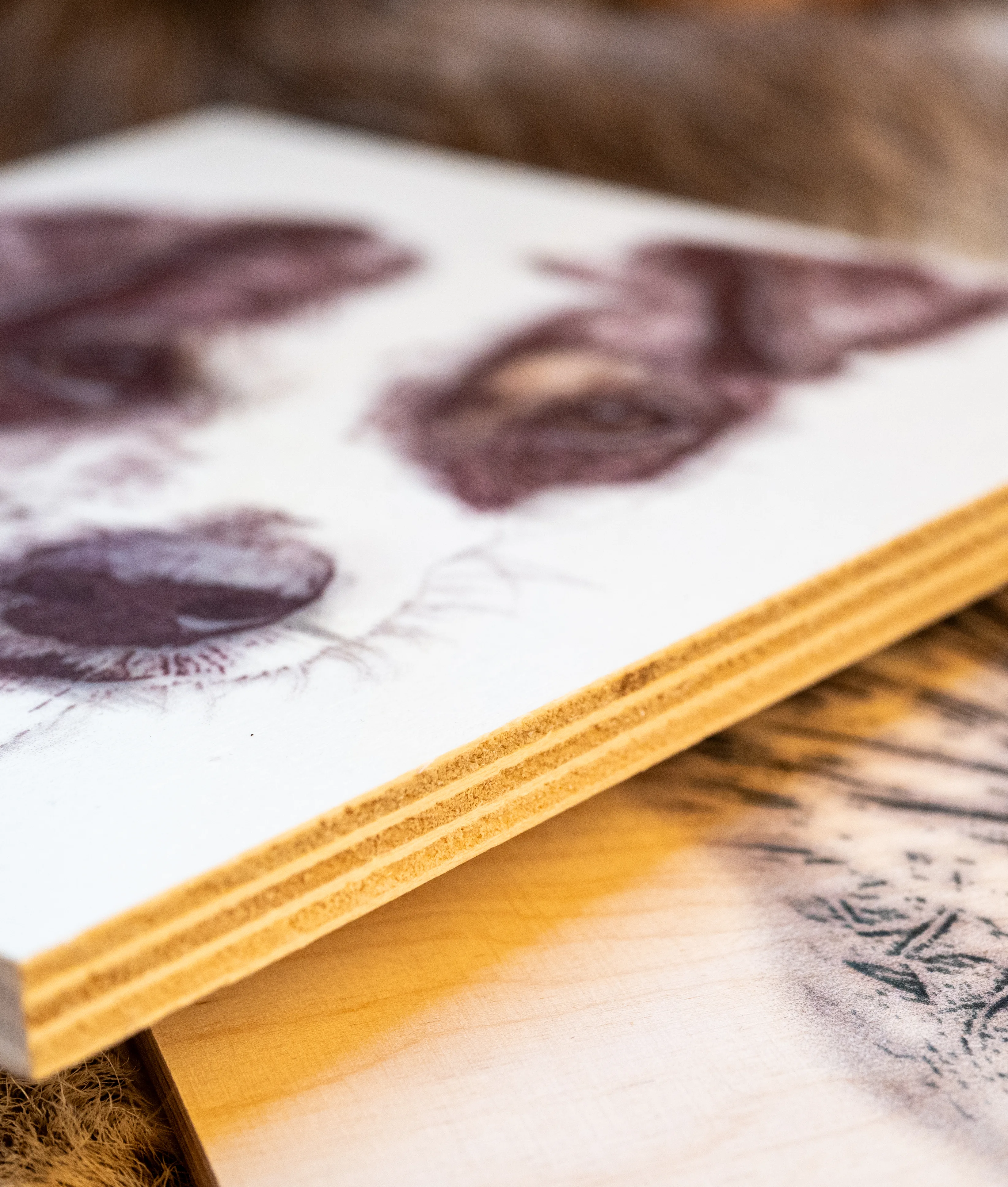 Close-up of the edge of a wooden board with a printed dog portrait, clearly showing the layers of the wood. Underneath lies another board with a cat portrait.