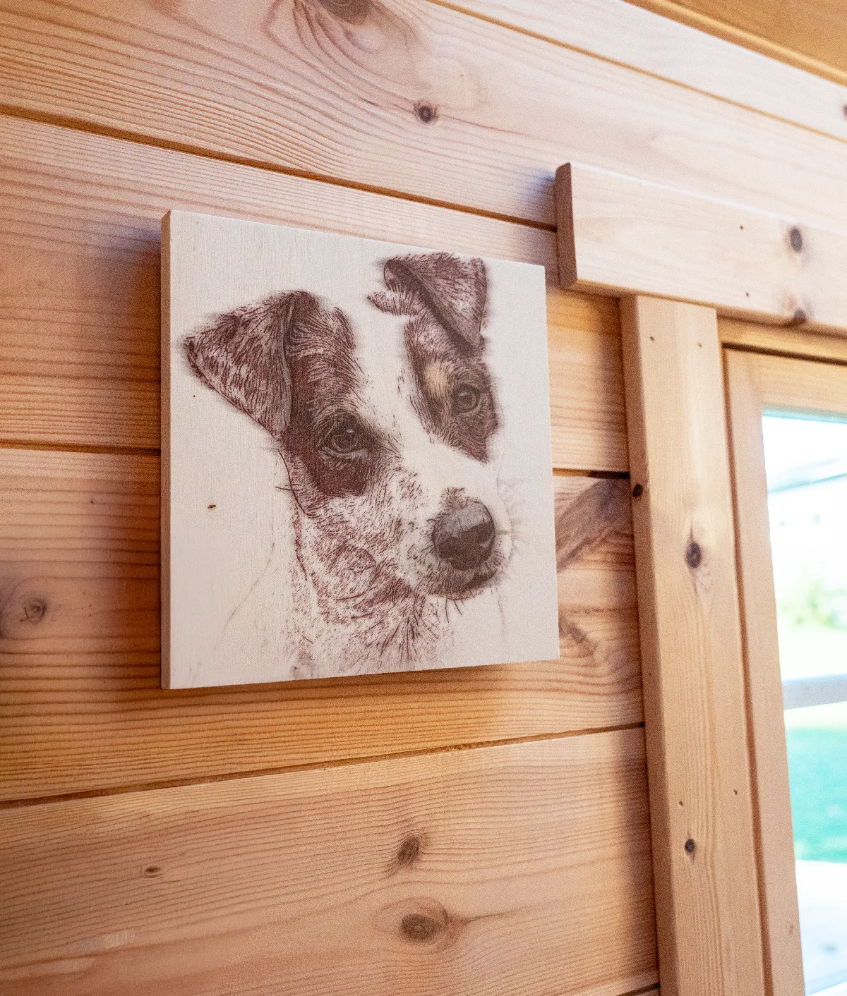 Wooden board with a wood burn style portrait of a Jack Russell Terrier, hanging on a wall of light pine panelling next to a window.
