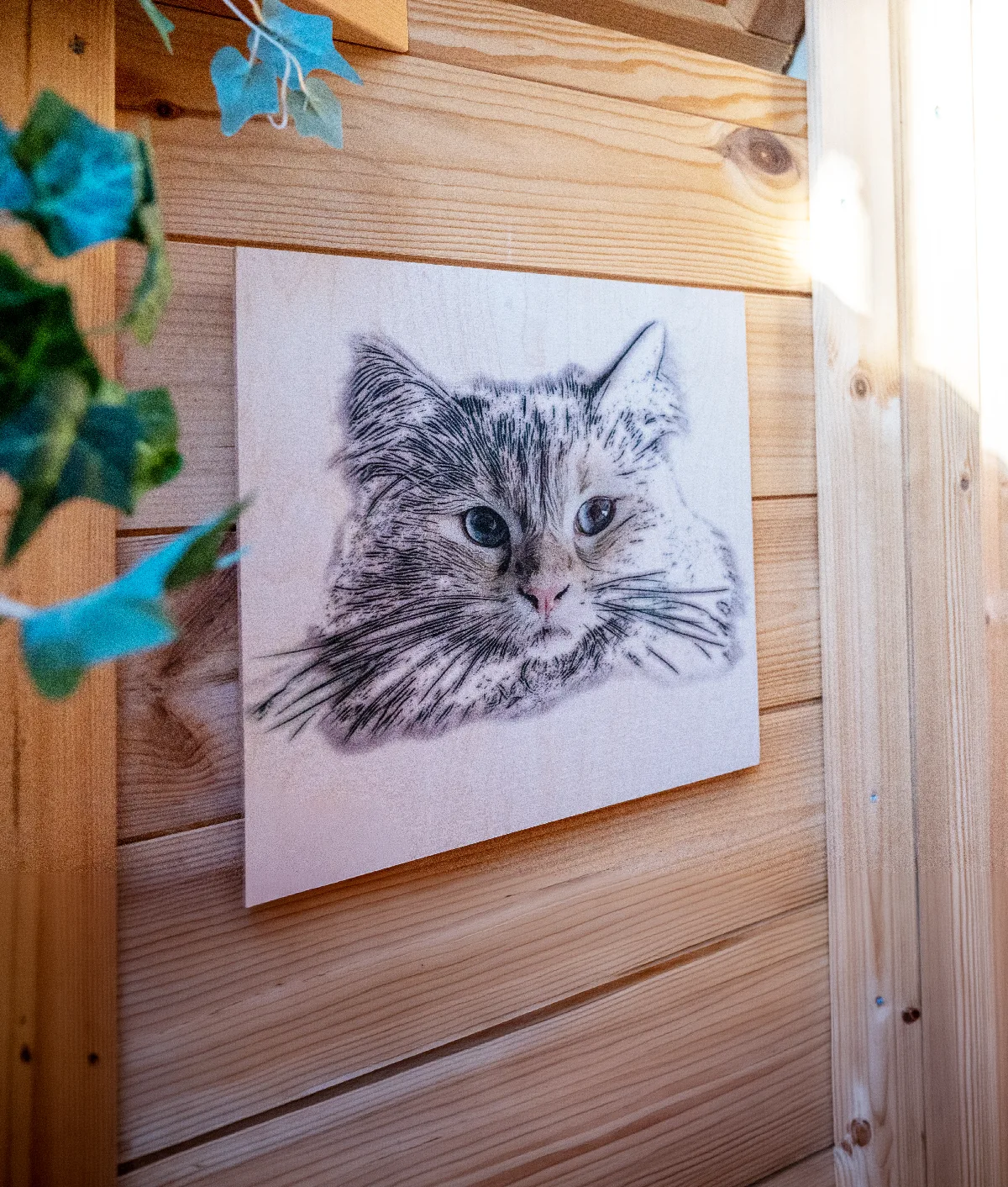 Wood burn style portrait of a tabby cat, printed on a wooden board hanging on a light wood-panelled wall, with ivy leaves in the foreground.