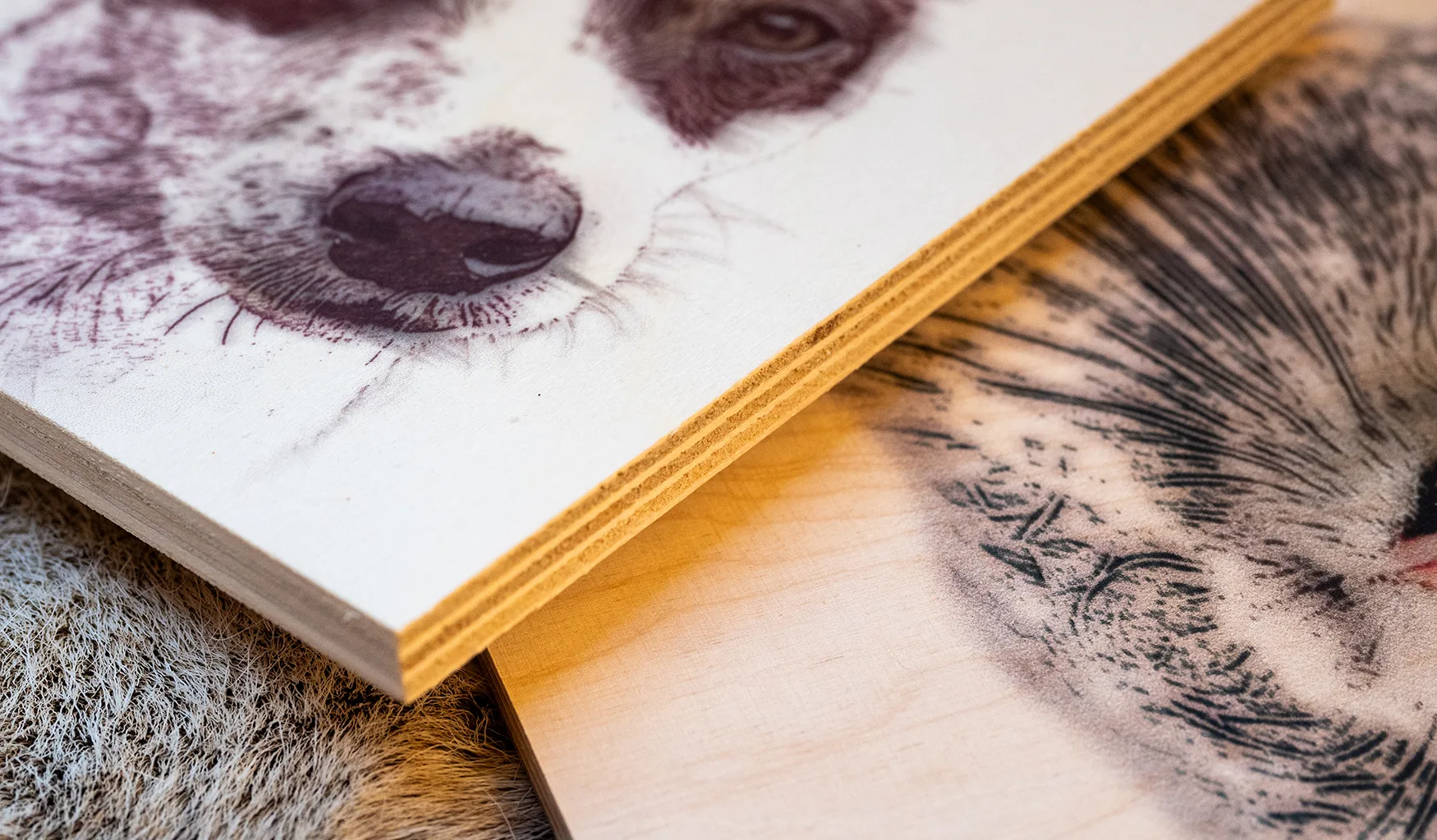 Close-up of two wooden boards with printed pet portraits stacked on top of each other. The edge of the top board shows the layers of the wood, with a cat portrait on light wood visible underneath.