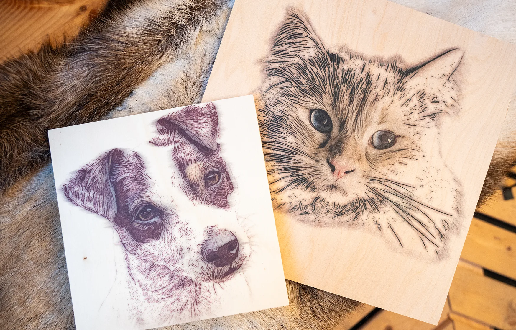 Two wood burn style pet portraits on wooden boards lying on a fur rug: a Jack Russell Terrier on a paler board and a tabby cat on a warmer, golden brown board.